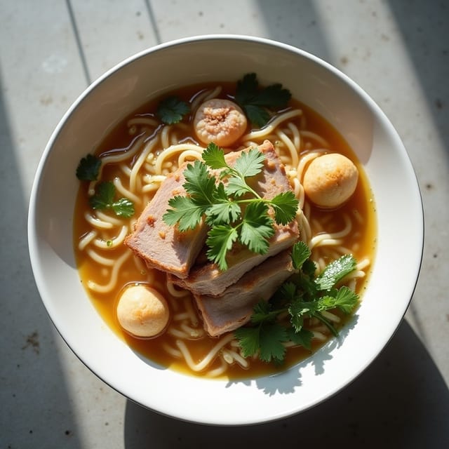 H1- Nam Vang Noodle Soup with Pork, Shrimp and Fishballs.