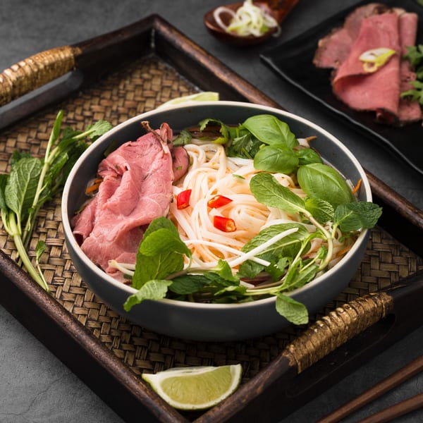 A bowl of Pho 9 pho with thinly sliced beef, noodles, herbs, and chili on a woven tray.