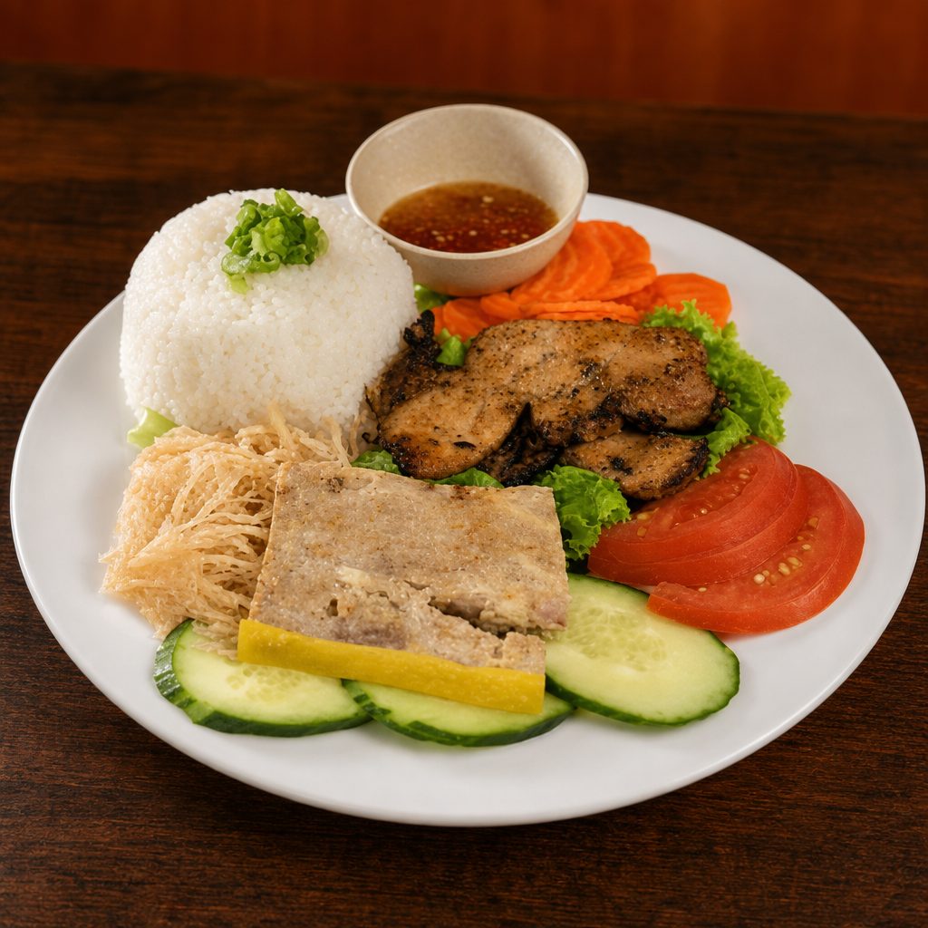 C5- Broken Rice with Grilled Porkchops, Shredded Pork & Shrimp Cake.