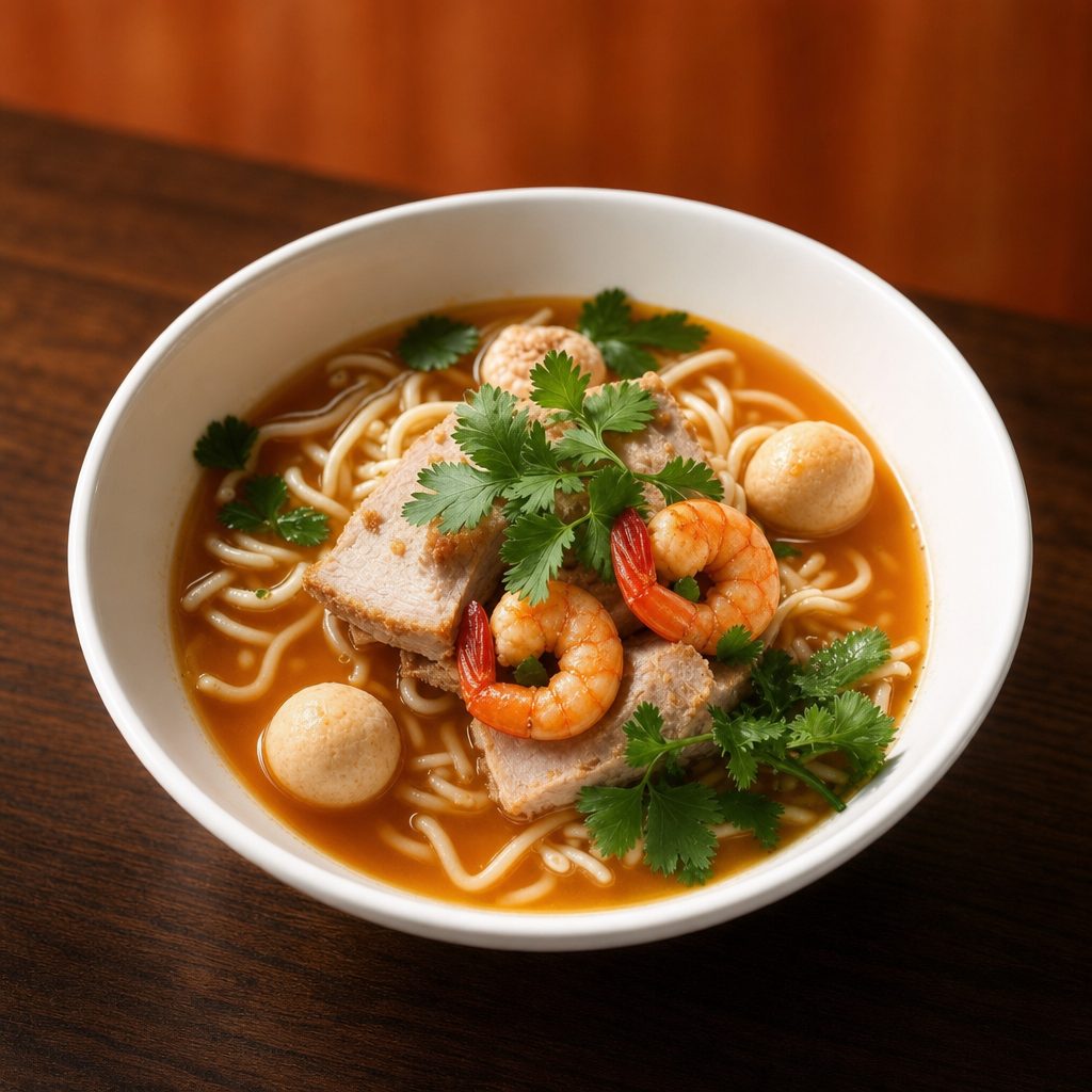 H1- Nam Vang Noodle Soup with Pork, Shrimp and Fishballs.