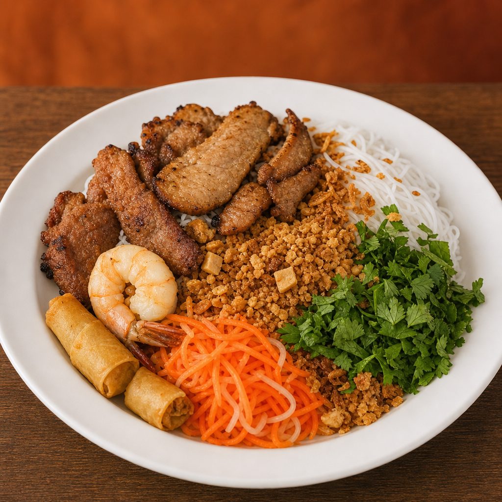 B12- Vermicelli with Stir-Fry Lemongrass Pork & Egg Rolls (3 Pieces).
