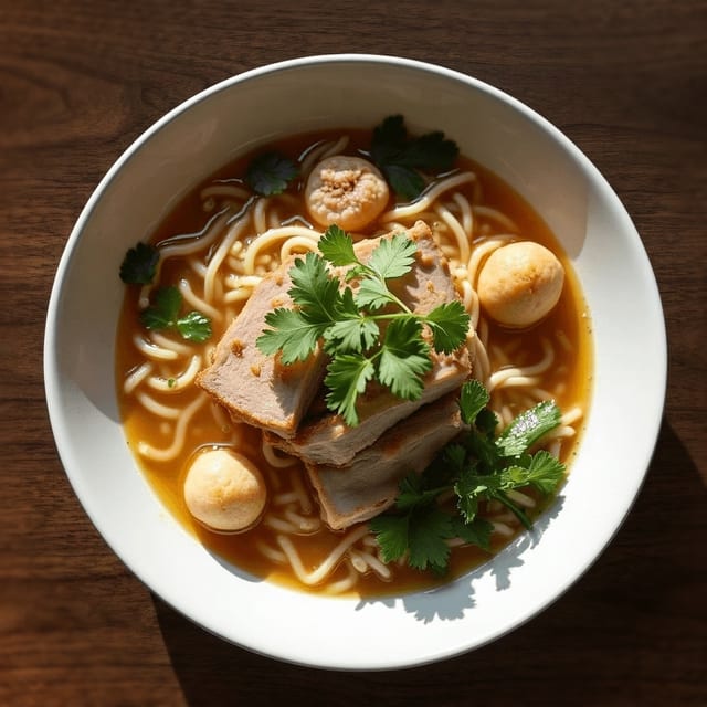 H1- Nam Vang Noodle Soup with Pork, Shrimp and Fishballs.