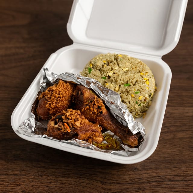 F10- Fried Rice with Fried Chicken Leg in Garlic Fish Sauce.