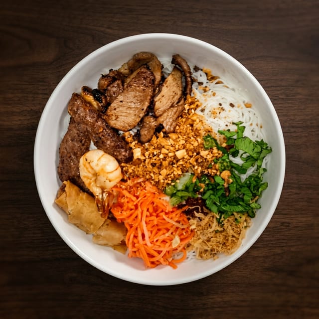 B12- Vermicelli with Stir-Fry Lemongrass Pork & Egg Rolls (3 Pieces).